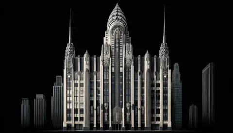 Art Deco building with a tiered crown, vertical lines, decorative panels, and polished stone.