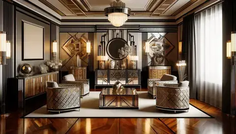Art Deco interior with sleek furniture, geometric patterns, chrome accents, and decorative lighting.