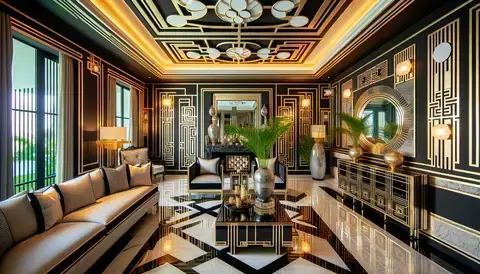 Modern living room with geometric patterns, black and gold colors, chrome and glass materials.