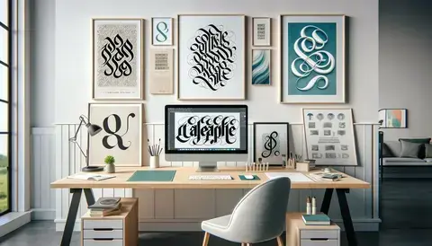 Modern art studio with calligraphic typography on a computer, posters, and fine art pieces.
