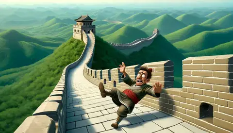 Cartoonish warrior humorously balances on a narrow section of the Great Wall of China, arms flailing.