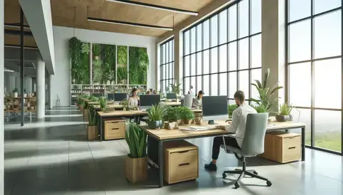 Office with large windows, indoor plants, green walls, wooden furniture, and employees working efficiently.