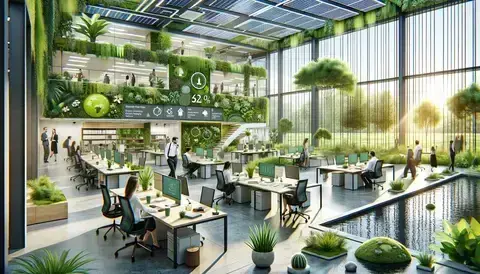 Modern office with green walls, natural light, plants, and sustainable features promoting well-being.