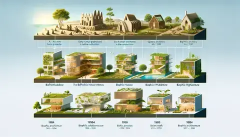 Timeline of biophilic architecture from ancient practices to modern examples with natural elements.