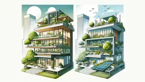 Illustration contrasting biophilic and sustainable architecture, highlighting their distinct features.