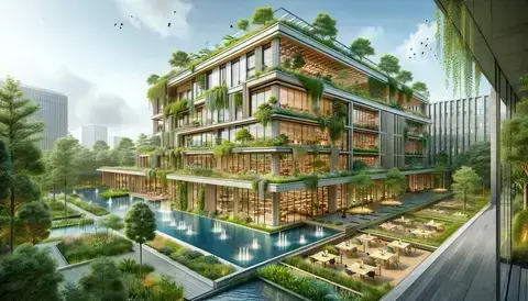 Modern building with green roofs, large windows, natural ventilation, and sustainable materials.