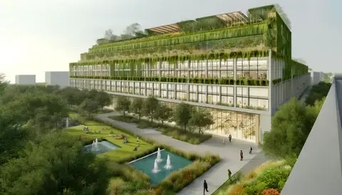 Modern building with green roofs, living walls, large windows, and integrated water features.