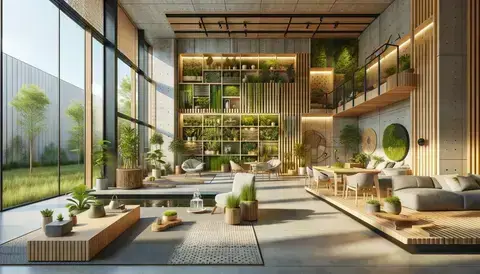 Modern interior with living walls, natural light, wooden furniture, and water features promoting well-being.