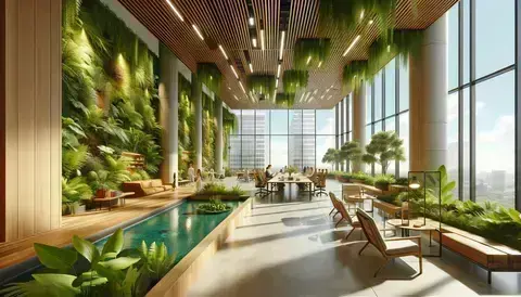 Modern office with green walls, natural light, wooden furniture, and indoor plants promoting well-being.