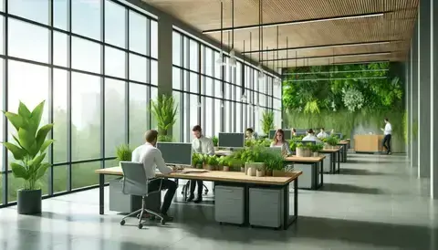 Office with biophilic design features, natural light, plants, and employees working efficiently.