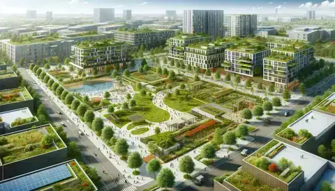 Modern urban park with greenery, community gardens, and eco-friendly infrastructure in a vibrant city.