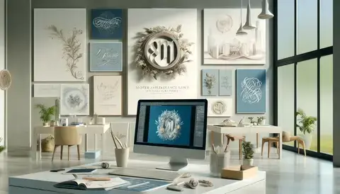 Modern art studio with calligraphic typography on a computer, branding and marketing