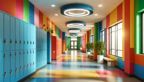 School hallway with bright colors, colorful walls, student lockers, and modern lighting creating a lively atmosphere.
