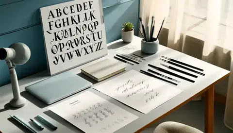 A workspace with calligraphy practice sheets and drills.