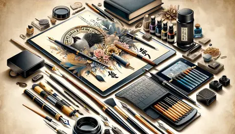 A variety of traditional and modern calligraphy tools and materials.