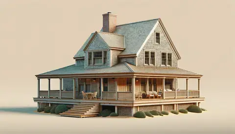 Classic Cape Cod house with steep roof, central chimney, and natural wood shingles in a coastal setting.