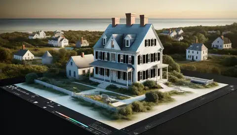 Historic Cape Cod house with a steep roof and central chimney, set in a New England coastal landscape.