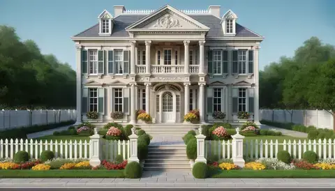 Colonial house front with symmetrical facades, decorative elements, large windows with shutters, and a grand entrance with columns.