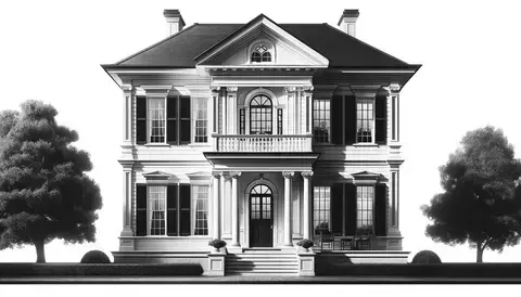 Classic Colonial house with symmetrical facade, columns, and traditional white and black color scheme.