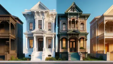 Colonial and Victorian house fronts with distinct architectural features and colors.