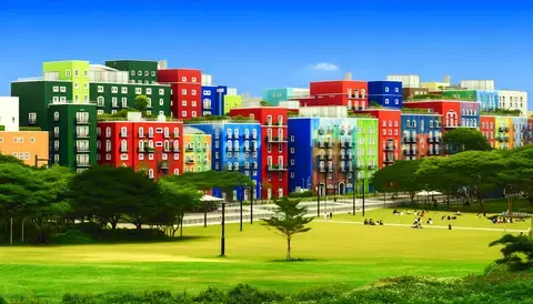 Depicting 'Color in Architecture,' blending modern and historical buildings with vibrant colors.