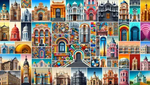 Colorful architectural elements collage.