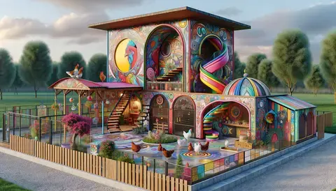 Artistic chicken coop with colorful exterior.