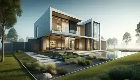 Contemporary house with flat roof, large glass expanses, sleek lines, and modern landscaping.