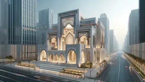 Modern building with Islamic design elements, showcasing sustainable architecture.