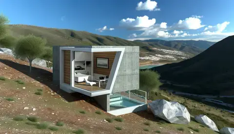 Modren tiny casita with panoramic mountain views and a cantilevered terrace.