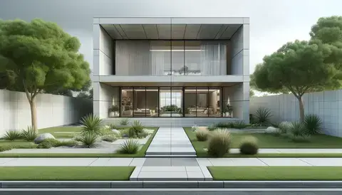 Contemporary house with flat roof, large glass expanses, sleek lines, and modern landscaping.