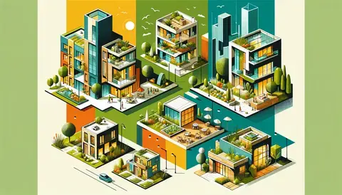 Modern illustration of core architectural concepts: form, function, space, place, scale, style, and sustainability.