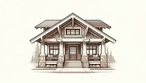Craftsman house with low-pitched roof, exposed rafters, large porch, and natural materials.