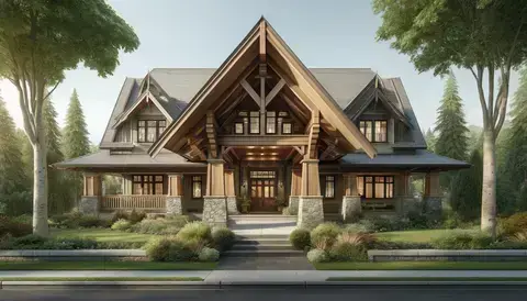 Craftsman house front with low-pitched roof, exposed rafters, large porch, and natural materials.