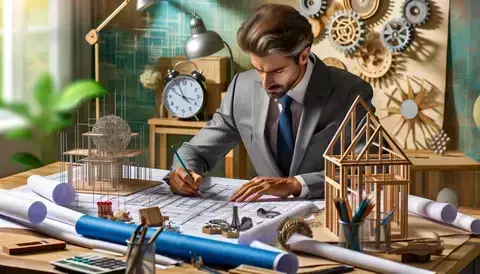 An architect creatively solving a design problem, sketching a unique building concept on a blueprint, surrounded by architectural tools.