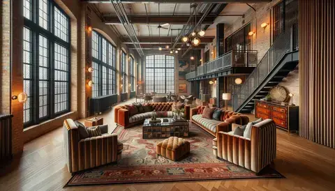 Open-plan loft with exposed brick walls, factory-style windows, and Art Deco furniture.