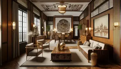 1920s decor room with open layout, sleek furniture, bold patterns, rich textures, and statement lighting.