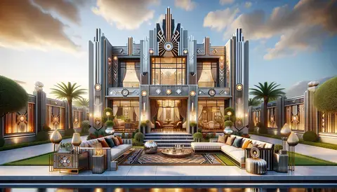 Realistic image of an Art Deco house with bold geometric shapes, luxurious materials, and opulent decor.