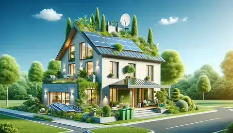 Modern home with solar panels, green roof, energy-efficient windows, and water-saving fixtures.