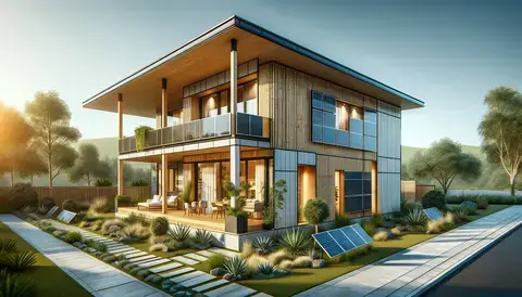 Eco-friendly home with bamboo siding and solar panels.