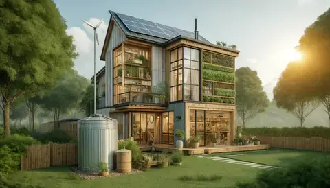Eco-friendly house with solar panels, vertical garden, and sustainable materials.