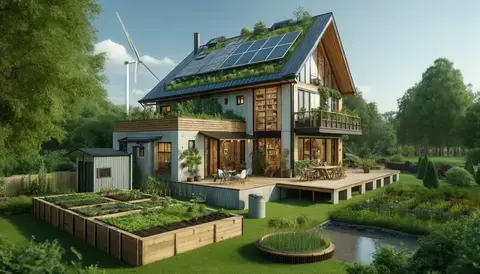 Eco-friendly house with green roof, vegetable garden, and sustainable materials.