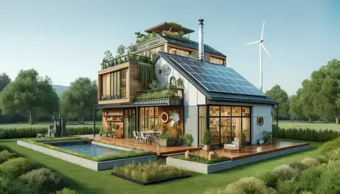 Eco-friendly house with rooftop garden, solar panels, and sustainable materials.