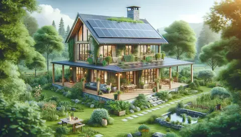 Basics of Eco-friendly house with solar panels and lush greenery.