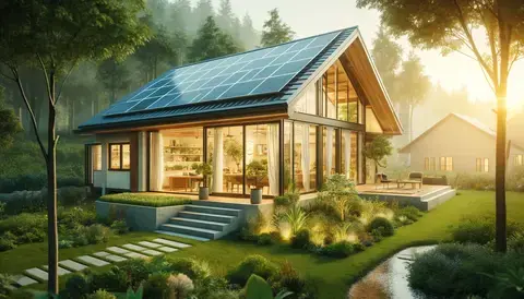 Eco-friendly house with solar panels and lush greenery.