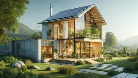 Eco-friendly house with solar panels, wind turbine, and garden.