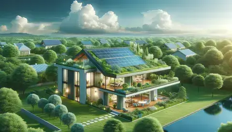 Modern house with solar panels, green roof, and reflective cool roof surrounded by greenery.
