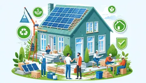 An eco-friendly construction site with builders and contractors working on a sustainable home, installing solar panels and using recycled materials.