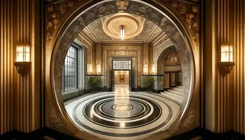 Circular entrance hall with luxurious materials and intricate detailing at Eltham Palace, London.