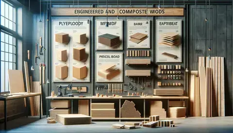 Samples of plywood, MDF board, particleboard, and composite wood in a modern workshop setting.